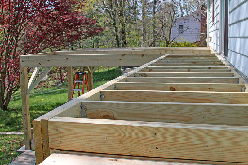 Two story deck in the middle of construction process.